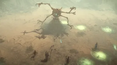 Official Diablo IV screenshot: several classes fighting together in the snow