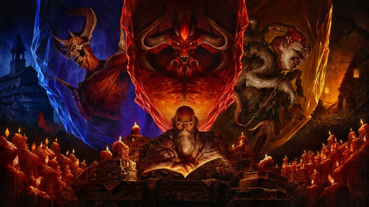 Official Season of Hell's Legacy key art: three dark wanderers in firelight
